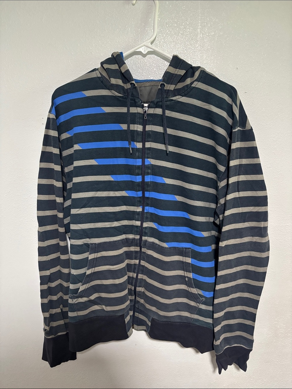 Old Navy Black & Gray Striped Zip Hoodie with Blue Accent Stripes